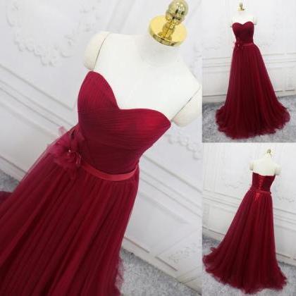 Sexy Burgundy Tulle A Line Long Evening Dress..