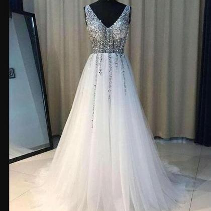 Luxury Beaded White Tulle Ruffle Long Prom Dresses..
