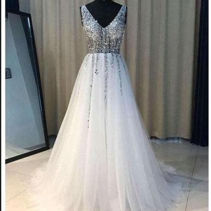 Luxury Beaded White Tulle Ruffle Long Prom Dresses..
