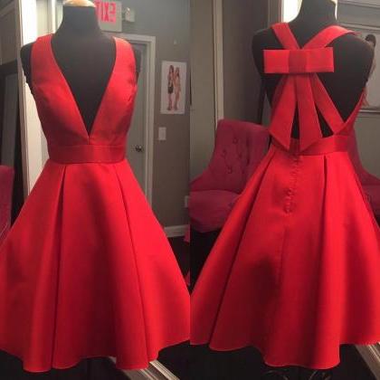Red Satin Short Homecoming Dress A Line V-neck..