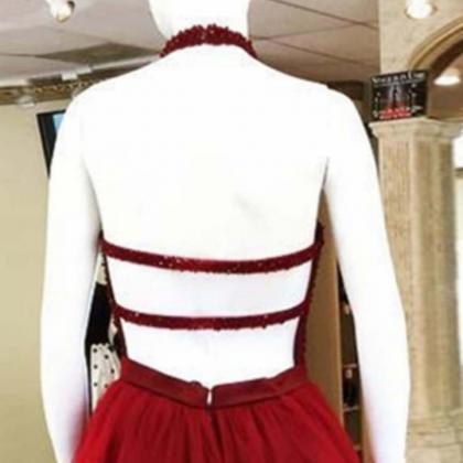 Sexy Halter Beaded Burgundy Tulle Short Homecoming..