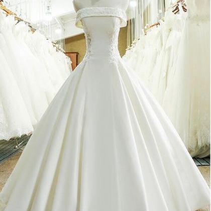 Off Shoulder White Satin Lace Wedding Dresses A..
