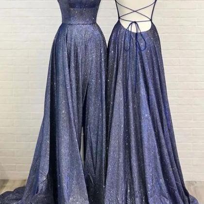 Navy Blue Sequin Long Prom Dresses Plus Size..