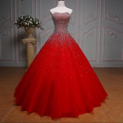 Luxury Red Tulle Beaded Heavy A Line Long Prom..