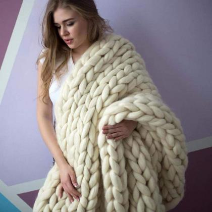 Size 40x40inches Chunky Knit Blanket Merino Wool..
