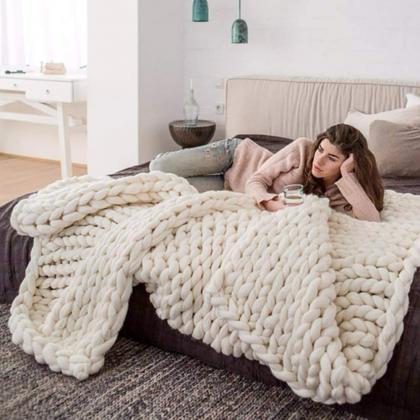Size 40x80inches Chunky Knit Blanket Merino Wool..