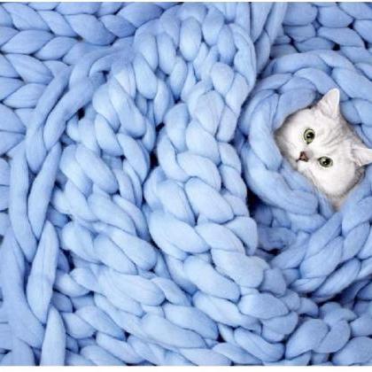 Size 60x60 Inches Chunky Knit Blanket Merino Wool..