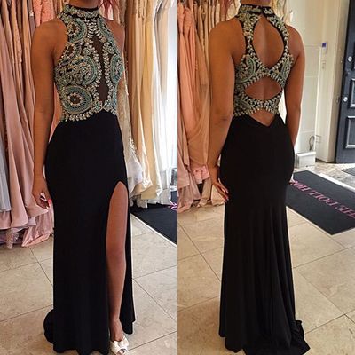 Luxury Beaded Chiffon Long Prom Dresses High Neck Black Evening Dress Arabic Strapless Women Party Dresses Custom Made Formal Gowns High Slit Prom Gowns