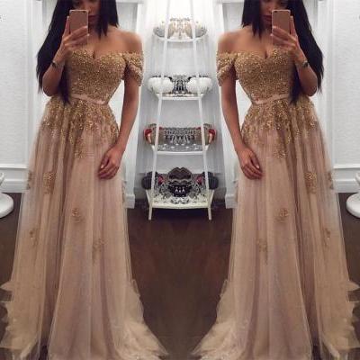 Champagne Evening Gowns,Tulle Prom Dress,Sweetheart Dress,Long Bridesmaid Dresses,Lace Appliques Dress,2018 Vintage Gold Appliqued Prom Dresses,Plus Size Women Party Gowns 