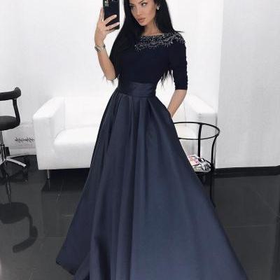 Dark Navy Long Sleeves Evening Dress with Pockets,Beading Spandex Satin Prom Gown，2018 Sexy Beaded Formal Prom Dresses, Dubai Evening Dresses, A Line Formal Evening Gowns , Wedding Party Gowns .