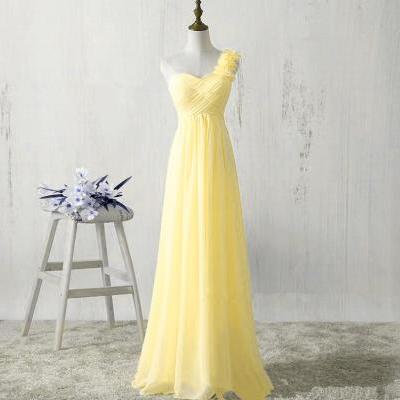 One Shoulder Yellow Chiffon Bridesmaid Dresses, A-line Party Long Evening Dresses, Light Yellow Bridesmaid Dresses,Plus Size Yellow Chiffon Bridesmaid Gowns 