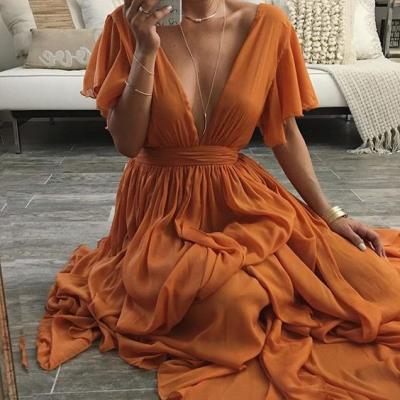 Cap Sleeves V Neck Floor Length Chiffon Dress 2018 New Arrival Sexy V Neck Formal Prom Dresses, Women Party Gowns ,Lovely Women Party Gowns ,Formal Evening Gowns ,Plus Size Wedding Party Gowns 