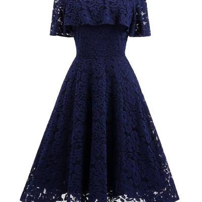 Navy Blue Short Soft Lace Prom Dress Off Shoulder Women Party Gowns , Short Bridesmaid Gowns , Party Dress . A Line Wedding Gyuest Gowns