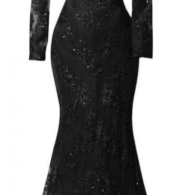 Vintage Black Lace Long Sleeve Formal Evening Dress Mermaid Beaded O-Neck Women Prom Dresses Wedding Party Gowns 