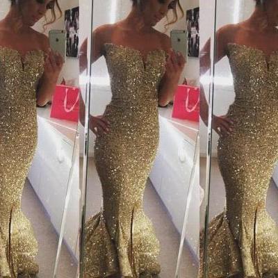 Shiny Gold Sequin Long Prom Dress Mermaid Of Shoulder Women Bridesmaid Dress Plus Size Maid Of Honor Gowns , Women Party Gowns 