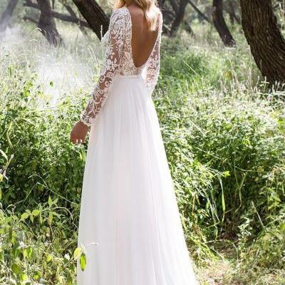 Sexy Backless Long White China Wedding Dress With Long Sleeve 2019 Custom Made Scoop Neck China Beach Wedding Gowns Bohemian Weddings 