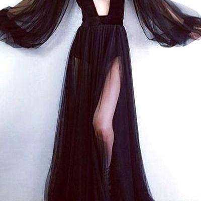 Black Tulle Long Prom Dress With Sleeve Fashion A Line Cheap Women Party Gowns ,Formal Evening Party Dress 