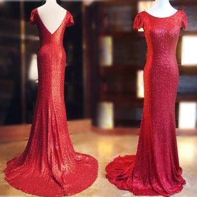 Floor Length Red Sequin Mermaid Bridesmaid Dress With Caped Sleeve Women Party Dress ,Wedding Guest Gowns