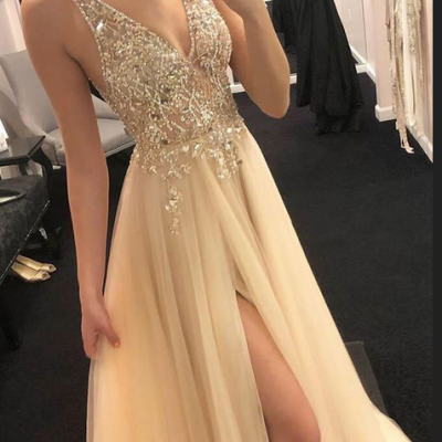 Luxury V-Neck Beaded Crystal Long Prom Dresses Champaghe Tulle Women Evening Dresses Plus Size Prom Gowns 