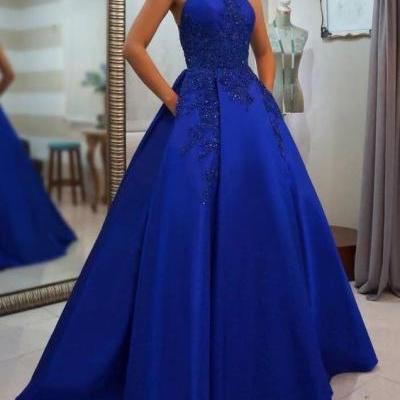 Fashion Royal Blue Satin Long Prom Dresses, Halter Prom Party Gowns , Plus Size Women Blue Lace Prom Dress 