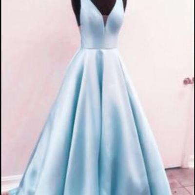Light Blue Satin Long Prom Dress Custom Made Prom Party Gowns Plus Size Formal Evening Dress ,2019 Women Party Gowns 