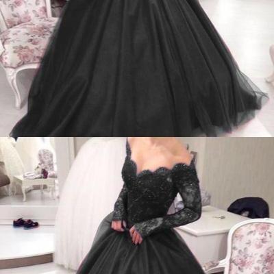 New Arrival Black Lace Ball Gown Quinceanera Dresses With Long Sleeve Plus Size Women Party Gowns ,Long Prom Gowns 