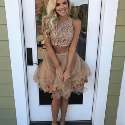 Two Pieces Beaded Lace Homecoming Dress Short ,2 pieces Short Prom Party Gowns , Junior Party Gowns For Girls 2019 