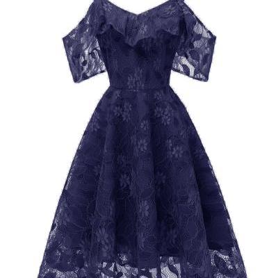Cheap Navy Blue Short Lace Dress A Line Women Bridesmaid Party Gowns Soft Lace Homecoming Maix Dresses Cheap. Mini Party Gowns ,Short Summer Dress, Above Length pARTY gOWNS 