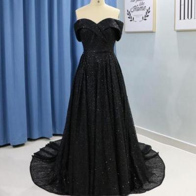 Off Shoulder Black Sequin Prom Dress Sweet 16 Prom Party Gowns Plus Size Formal Evening Dress 