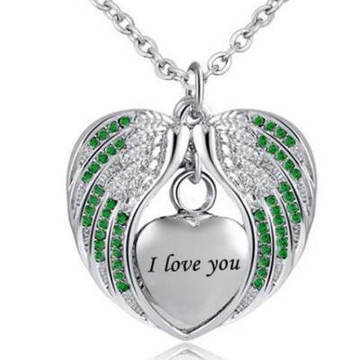 Cremation Urn Necklace for Ashes Angel Wing Jewelry Heart Memorial Pendant and Birthstones Necklace - I Love You