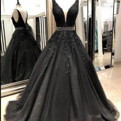 Charming Black Tulle Lace Prom Dresses Crew-Neck Women Party Gowns Plus Size A Line Formal Gowns 
