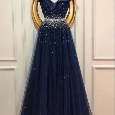 Shiny Navy Blue Beaded A Line Long Prom Dress Custom Made Women Dress, Sexy Prom Party Gowns 