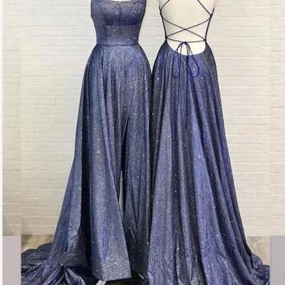 Shiny Navy Blu Sequin A Line Long Prom Dress With Slit Sexy Backless Women Prom Party Gowns ,Cheap Party Gowns 2020