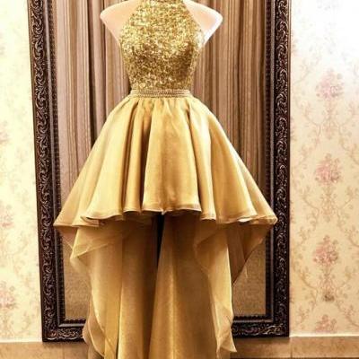 Luxury Gold Beaded Crystal High Low Prom Dresses A Line Women Party Gowns ,Cheap High Low Girls Homecoming Dress 
