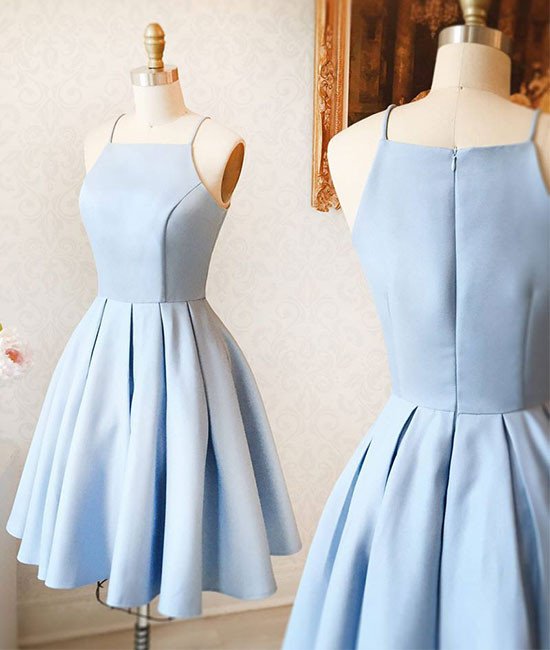 Sexy Short Satin Prom Dress Ruffle Light Blue Homecoming Dresses Spagheeti Straps Girls Party Dress A-line Graduation Dress Simple Prom Gowns