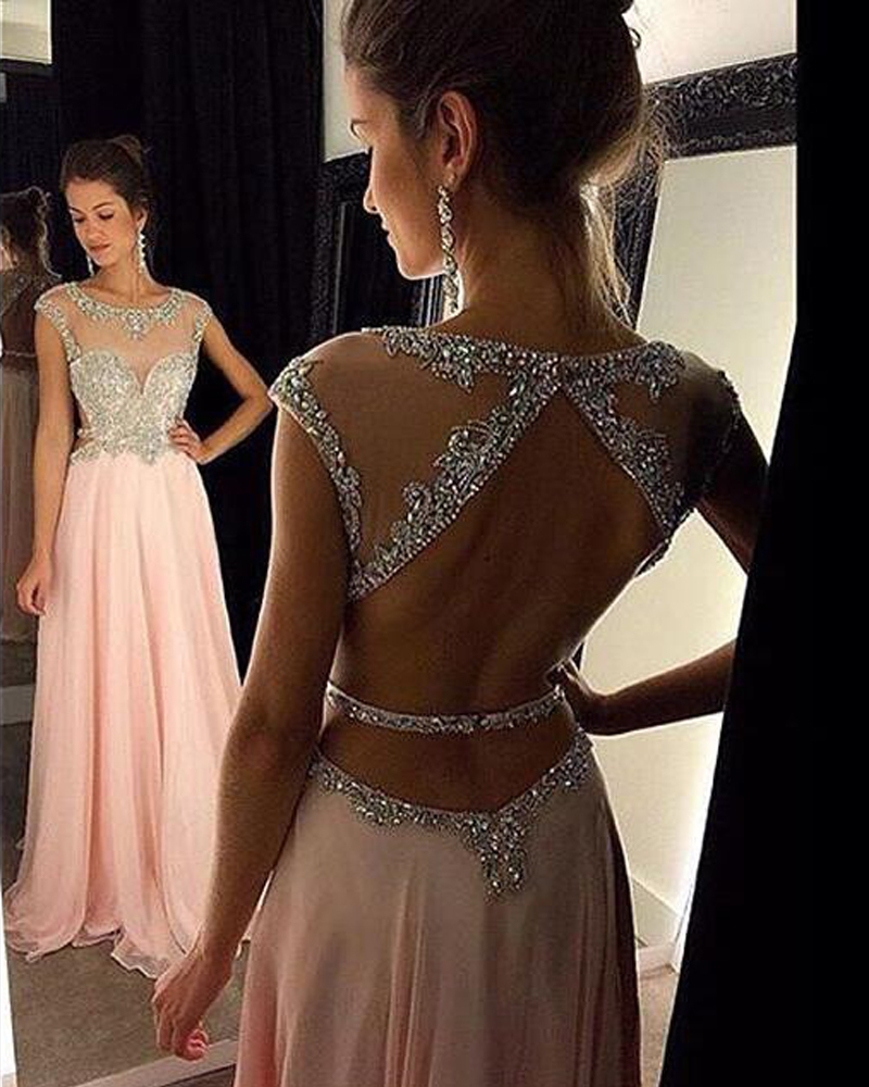 Charming Backless Long Prom Dresses O Neck Beaded Women Evening Dresses Formal A Line Pink Chiffon Prom Dress 2018 Girls Graduation Gowns