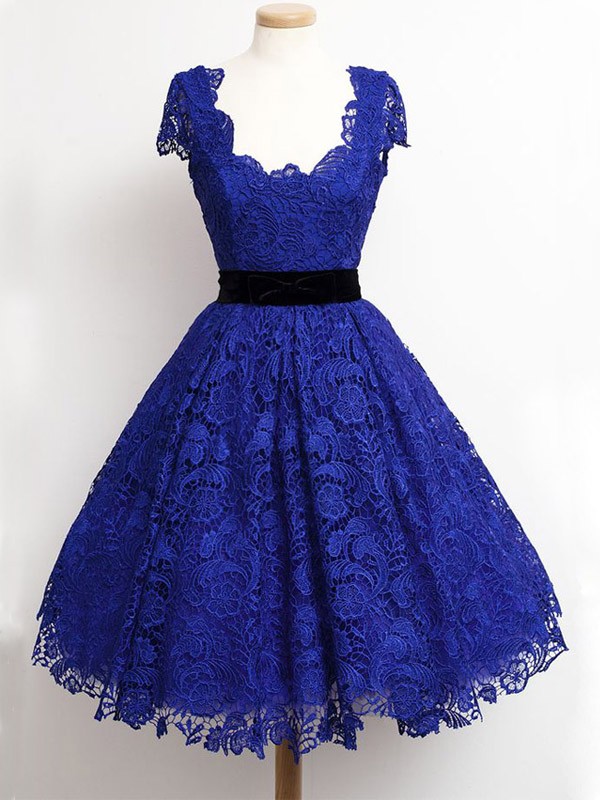 Vintage Blue Lace Homecoming Dresses Short Sleeve Black Belt Short Homecoming Dress Knee Length Girls Graduation Gowns
