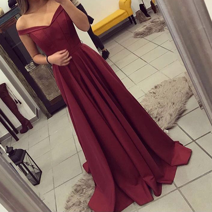 Simple Burgundy Long Prom Dresses Ruffle Off Shoulder Women Prom Gowns Real Picture A Line Prom Dress Custom Made