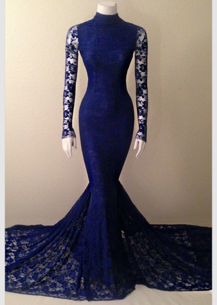 Vintage Navy Blue Lace Prom Dress Mermaid Long Sleeve Muslim Evening Dress Zipper Up High Neck Women Formal Gowns