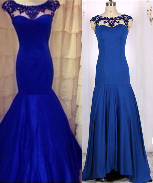 Plus Size Blue Beaded Long Prom Dresses Mermaid Scoop Formal Party Gowns Sexy Sheer Neck Women Gowns Off Shoulder Elegant