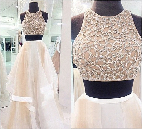 Two Pieces Prom Dresses Crystal Beaded Tulle Long Prom Gowns Strapless Vintage 2 Pieces Evening Dress Ivory Party Dresses Girls
