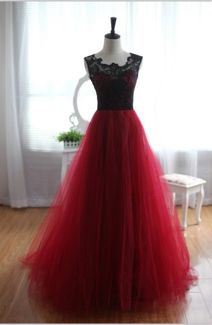 Black And Red Long Prom Dresses 2018,black Lace Party Dresses, Women Gowns ,red Coxktail Dresses .formal Gowns
