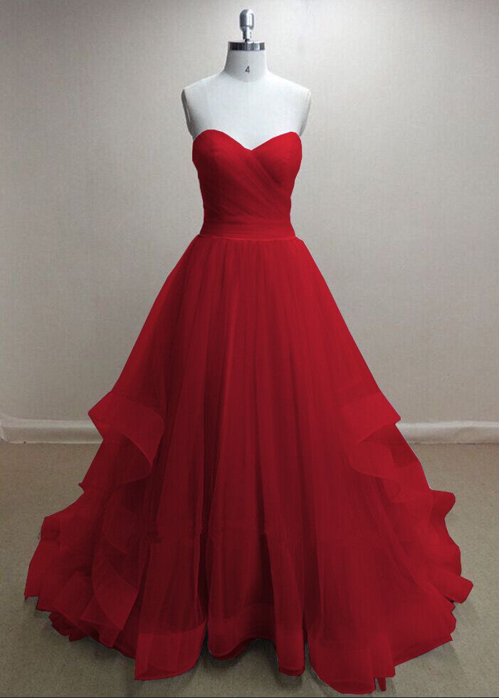 Pretty Handmade Tulle Red Sweetheart Long Prom Dresses, Red Prom Gowns, Tulle Formal Dresses,red Formal Dresses, Red Girls Dresses