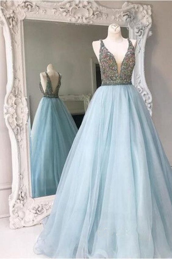 Charming Sky Blue Beaded Crystal Top Long Prom Dresses Organza Back Open Evening Dresses Off Shoulder Formal Gowns Custom Made Party Dresses
