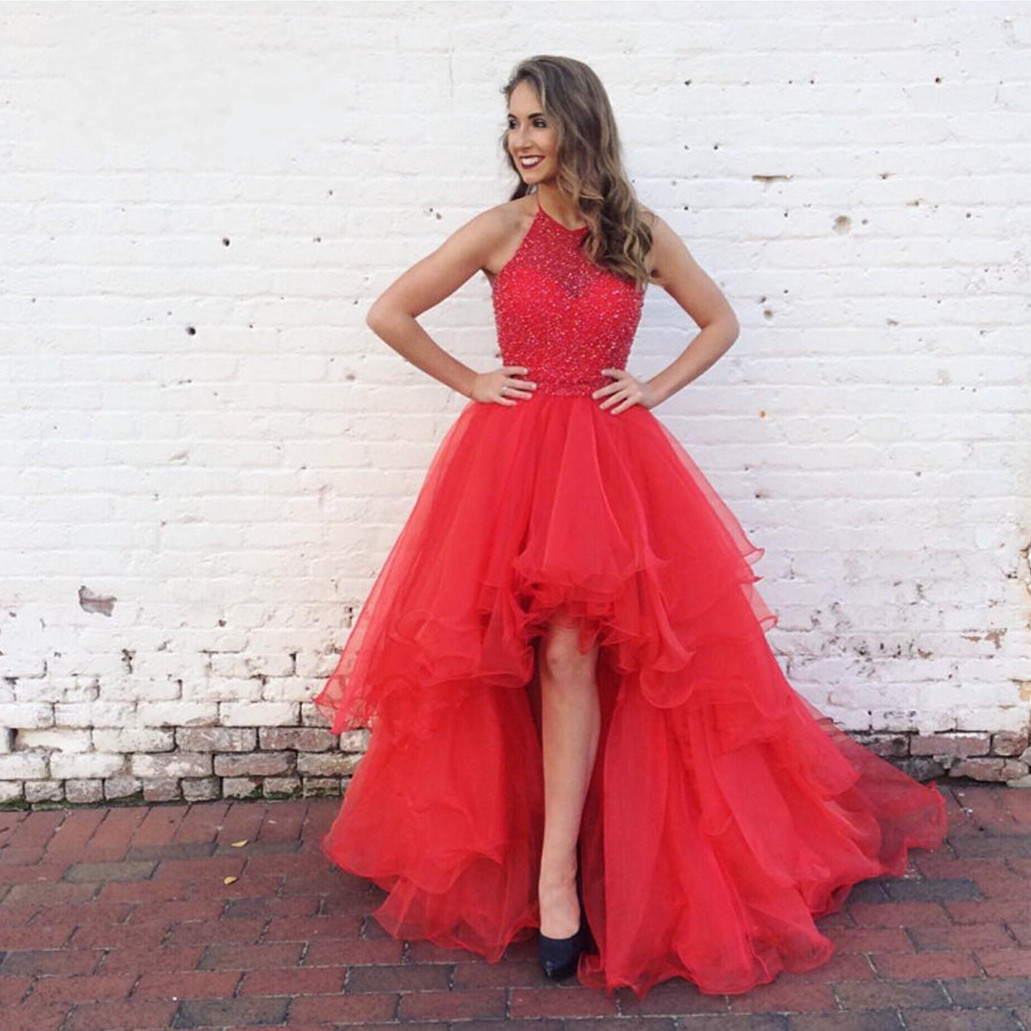High Low Prom Dress Red Crystals Sleeveless High Low Prom Dress Red Crystals Sleeveless Short Front Long Back Gown Elegant Beaded
