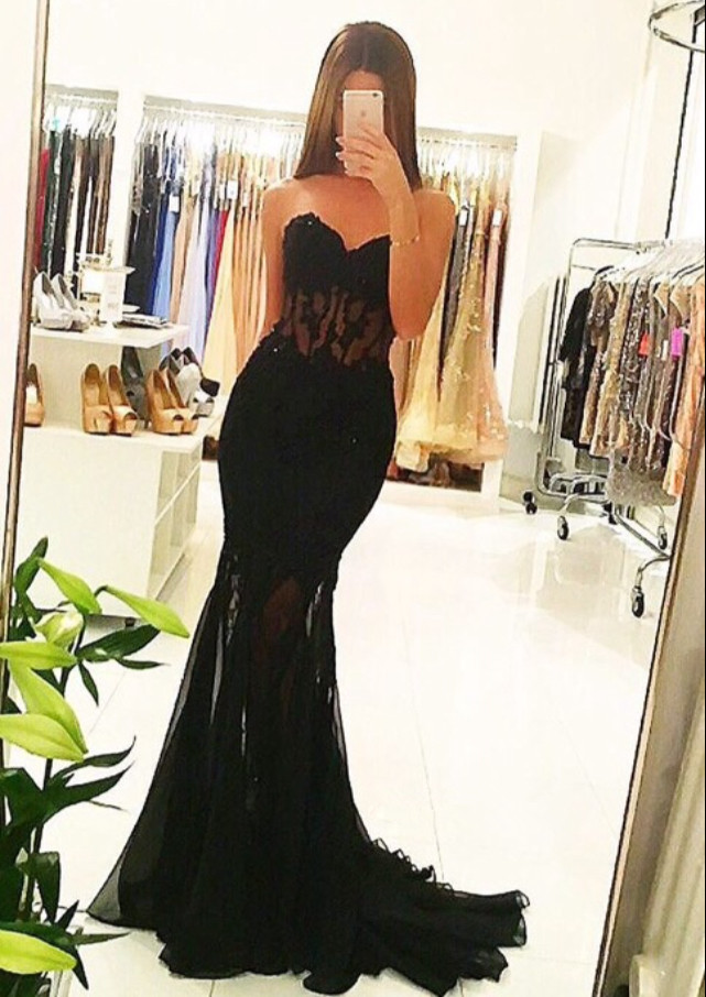 Appliques Long 2018 Mermaid Sheer Black Sexy Tulle Evening Dresses Fashion Sweetheart Tulle Long Party Dresses Plus Size Formal Gowns ,Black Long Prom Gowns 
