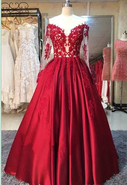 Red Prom Dress, Cute Prom Dress, A-line Prom Dresses, Ball Gown Prom Dresses, Long Sleeves Evening Dresses，2018 Red Long Sleeve Lace Prom