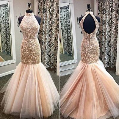 Champagne Prom Dresses,mermaid Prom Gowns,tulle Prom Dresses,beading Prom Dresses,mermaid Prom Gown,2018 Prom Dress,backless Evening Gonw With