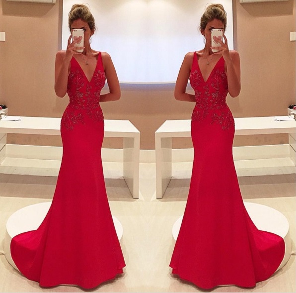 Red Prom Dresses,charming Evening Dress,prom Gowns,lace Prom Dresses,2018 Prom Gowns,red Evening Gown,backless Party Dresses,plus Size V Neck