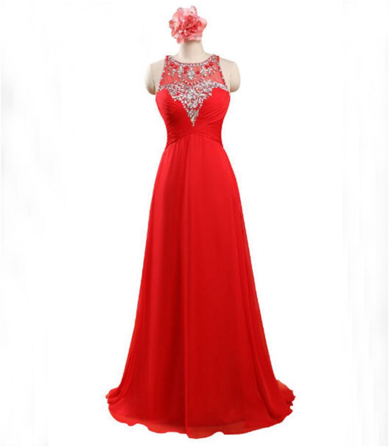 Red Floor Length Chiffon Formal Gown Featuring Sleeveless Plunge Sheer Bateau Neckline With Beaded Embellishment, Covered Back Chiffon Long Party